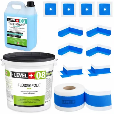 Obrázek produktu pro Hydroizolační sada Tekutá fólie 20kg Těsnicí páska 20mb Základní nátěr 5L Sprcha v koupelně - LEVEL+ SET326