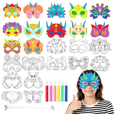 Productafbeelding van 24 stuks maskers om te beschilderen, dierenmaskers en dino-maskers, geschikt voor verjaardagsfeesten en kostuumfeesten