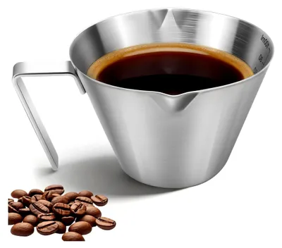 Produktbild von Espresso Messbecher aus Edelstahl, 100 ml mit Griff, Doppel V-förmigem Ausguss und Doppelskala, geeignet für Kaffee, Desserts und Cocktails