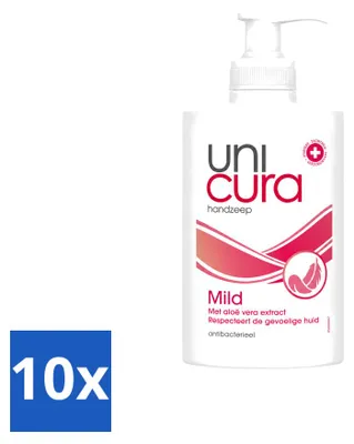 Immagine prodotto di 10 flaconi di sapone liquido antibatterico Unicura, delicato, da 250 ml ciascuno. Confezione