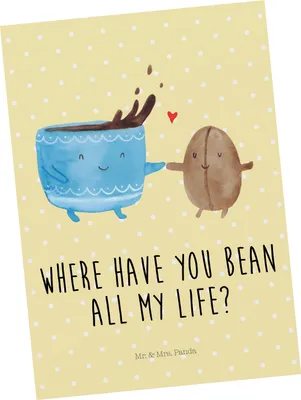 Produktbild von Mr. & Mrs. Panda Postkarte Kaffee Bohne - Gelb Pastell - Geschenk, Zufriedenheit, Genuss, Fotokarte, Grußkarte, Lustige Sprüche, bildkarte, Kaffeebohne, Glück, Postkarten