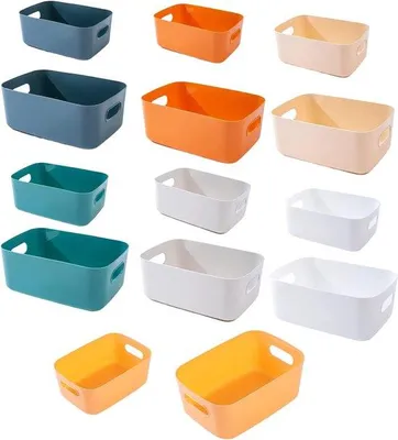 Produktbild von Unyqoos® 14‑teiliges Aufbewahrungsbox‑Set aus Kunststoff, stapelbar mit Griffen, 7 Farben – 7×25×17×10 cm & 7×20×14×7 cm, für Küche Bad Schlafzimmer