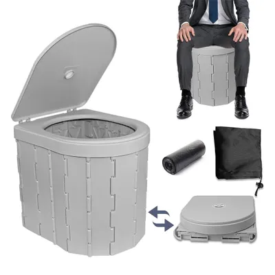 Obrázek produktu pro Kempingová toaleta, skládací kempingová toaleta max. 150 kg, mobilní toaleta, přenosná toaleta, kempingová skládací toaleta s 15 toaletními sáčky