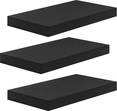 Three black shelves are stacked vertically against a white background.
