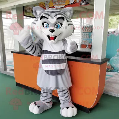 Produktbild von Grauer REDBROKOLY Tiger Maskottchen kostüm gekleidet mit einem A-Linien-Rock und Stirnbändern