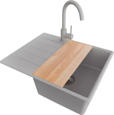 Produktbild von PRIMAGRAN Granitspüle Grau 62x50cm, Spülbecken 1 Becken + Küchenarmatur 32x20cm + Ablauf-Set + Schneidebrett, Küchenspüle ab 45er Unterschrank - Kopenhagen