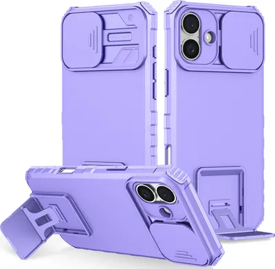 Produktbild von Dual Layer Hülle für iPhone 16 Stossfest Robust Ständer Schutzhülle mit Schiebe Kamera Schutz Lila