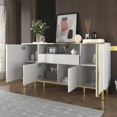 Image de Meuble TV - Meuble TV moderne, laqué, avec 4 portes et 1 tiroir