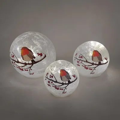 Produktbild von 3er Set LED Deko Kugeln WINTERVOGEL zum stellen 10 + 12 + 15cm Glas Formano W25