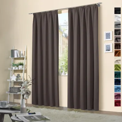 Two brown curtains hanging on a curtain rod in front of a window, with a shelf unit to the left and a coffee table in the foreground.