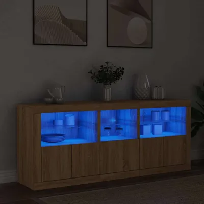 A wooden sideboard with blue LED lighting is displayed in a dimly lit room, showcasing decorative items on top and inside the illuminated compartments.