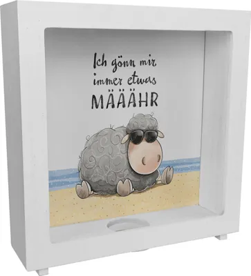 Produktbild von Schaf Rahmen Spardose aus Holz mit Spruch Ich gönn mir immer etwas MÄÄÄHR