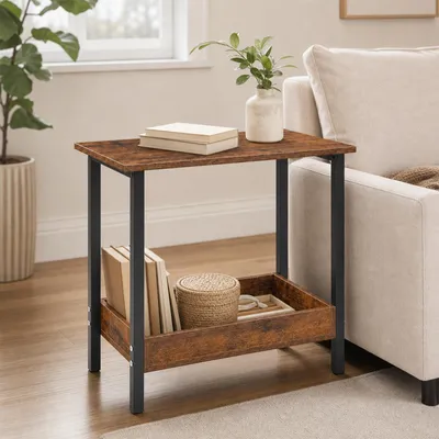 Produktbild von 2 Ebenen Beistelltisch,Couchtisch mit Stauraum,Sofatisch,Kleiner Nachttische für Schlafzimmer,Wohnzimmer,Moderner-Design 50X25X55cm Braun