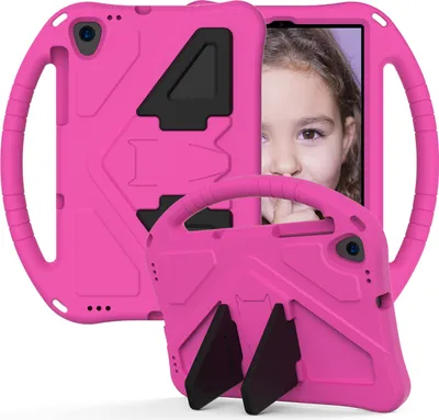 A pink tablet case with a child's face visible on the tablet screen.