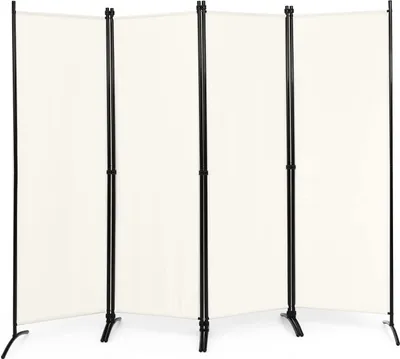 A white, four-panel room divider with black metal frames is shown against a white background.