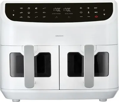 Produktbild von Heißluftfritteuse MEDION P20 XXL Twin, 2600 W, 2 x 4.35L Körbe, 9 Programme, Weiß