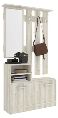 Image de Porte-vêtements Lyon, avec espace chaussures et miroir, en chêne blanc, dimensions : 85 x 24 x 180 cm