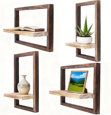 Produktbild von Küchenregal Set mit 4 Wandregalen, Wanddekoration aus Holz, Wohnzimmer, schwebendes Regal, Holzregal, Hängeregale für Schlafzimmer, Wohnzimmer, Büro