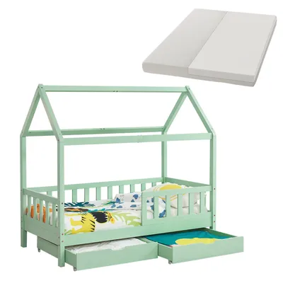 Produktbild von Juskys Kinderbett Marli 80 x 160 cm mit Matratze, Bettkasten, Lattenrost & Dach - Holz Mint
