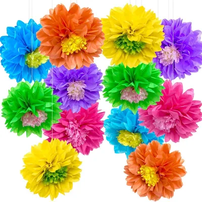 Productafbeelding van Papieren bloemen decoratieset, 6 kleuren, 2 maten, gemaakt van zijdepapier, geschikt voor feesten, tuinieren, zomer, carnaval en babyfeestjes