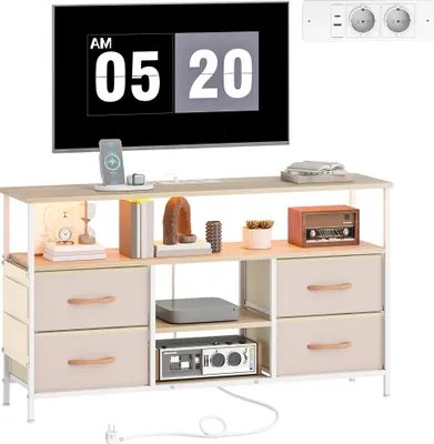 Obrázek produktu pro TV skříňka - TV skříňka - LED osvětlení - USB porty - Otevřené police - Čtyři výklopné zásuvky - Rozměry 120 × 30 × 67,5 cm - Bílá barva