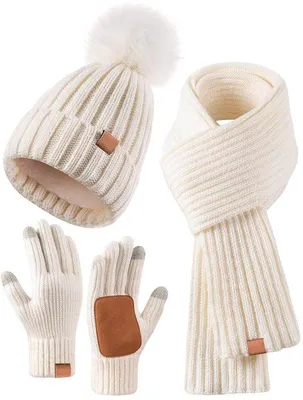 Produktbild von Ultiluxe Winterset für Damen - Wintermütze, Schal & Handschuhe Set - Touchscreen Handschuhe - Wollgefüttert - Weiß