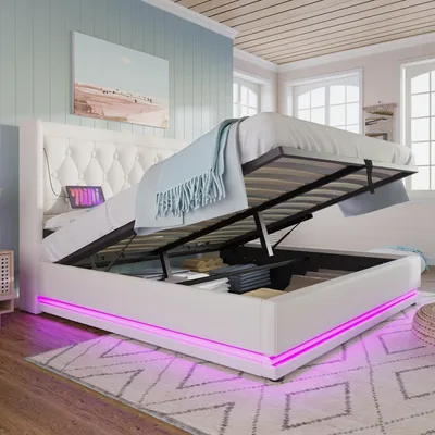 Immagine prodotto di Letto imbottito Flieks 180x200cm con USB e Type-C, letto matrimoniale per ragazzi con LED, letto contenitore idraulico con rete a doghe, Pelle finta, bianco