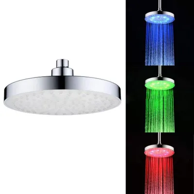 A collage showing a single LED shower head on a white background and three separate images of the shower head in use, with water flowing in blue, green, and red light.