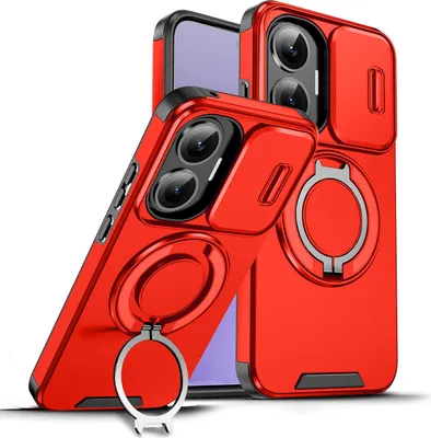 Produktbild von Handyhülle für Xiaomi Poco F7/Redmi Turbo 4 Pro Dual-Layer Stoßfest Militär Hülle mit Dia Kameraschutz und Magnetisch Ring Ständer Rot