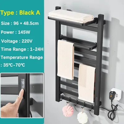 Produktbild von Elektrischer Handtuchheizkörper Badezimmer - Wandmontage Modell A 6621 - Aluminium - Digitale Anzeige - Touch-Thermostat - IPX4 wasserdicht - Schwarz