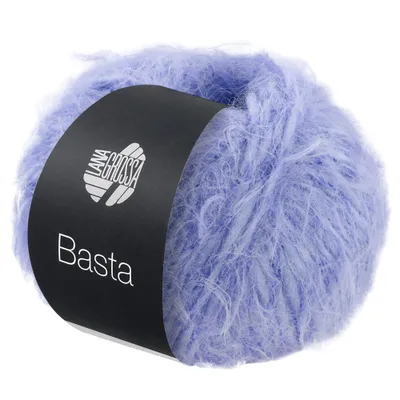 A ball of fluffy purple yarn with a black label.