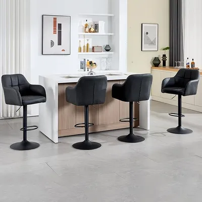 Produktbild von Orisnug Barhocker 4er Set Höhenverstellbar Kunstleder Küchenhocker Anthrazit | Barhocker mit Arm und Rückenlehne, gepolsterte Küchenhocker, Metallrahmen, für Küche, Restaurant, Bar