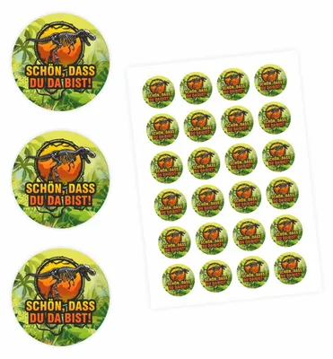 Produktbild von 24 "Schön, dass Du da bist!" Aufkleber - Dinosaurier - rund 4 cm Ø - Sticker Dinoparty Gastgeschenk