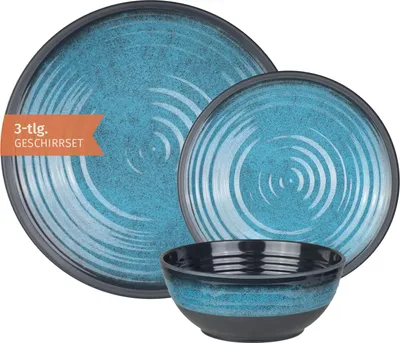 Produktbild von Camping Geschirr Set 1 Person 3-teilig | Melamin | Picknick Geschirrset | Campinggeschirr Stone Blue Design