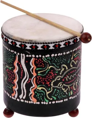 Produktbild von kleine Kindertrommel im Dot-PaintingDesign bemalt, mit kleinem Schlegel, Höhe ca. 12 cm, Durchmesser ca. 10 cm
