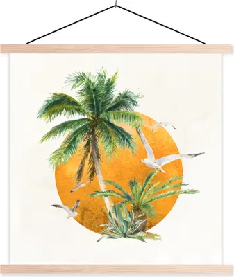 Produktbild von MuchoWow® Textilposter Sonne - Vogel - Palme 120x120 cm mit holzfarbenen Rahmen - Textil-Poster