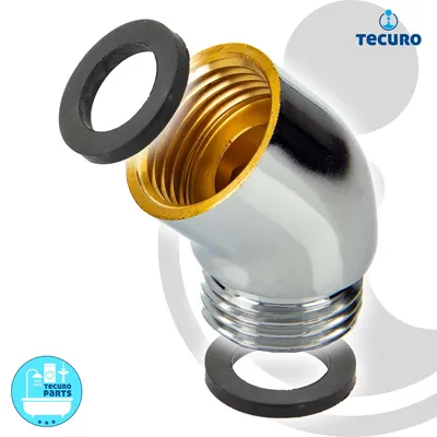 A close-up of a chrome-plated brass elbow fitting with two rubber washers, presented against a white background with graphic elements.