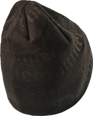A brown knitted beanie hat shown from a side angle against a white background.