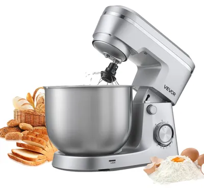 Image de Robot de cuisine VEVOR pour la pâtisserie, robot pâtissier de 1500 W avec bol en inox (5,7 L) & crochets pétrisseurs & fouets & fouets, batteur inclinable réglable à 10 vitesses batteur sur socle