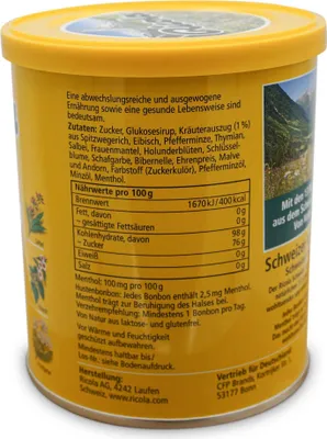Zdjęcie produktu dla Ricola 10028611, 250 g, 1675 kJ, 400 kcal, 98 g, 76 g, Sugar, glucose syrup, herbal extract (1%) from plantain, marshmallow, peppermint, thyme, sage,...