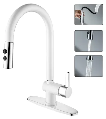 Productafbeelding van Keukenmengkraan met uittrekbare douche, hoge boog, 360° draaibaar, mat wit/chroom, mengkraan met één hendel