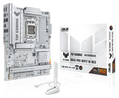 Zdjęcie produktu dla ASUS TUF GAMING B850-PRO WIFI7 W NEO, AMD, Gniazdo AM5, AMD Ryzen 9000 Series, AMD Ryzen 8000 Series, AMD Ryzen 7000 Series, DDR5-SDRAM, 256 GB, DIMM