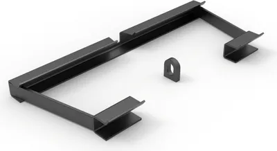 A black metal frame assembly for a loader, with a separate small metal bracket.