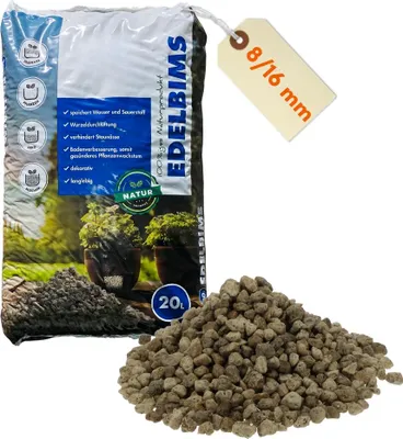 Produktbild von Edelbims 20 L 8/16 mm 100% Natürlicher Bimsstein Bims Granulat Bimskies Drainage Pflanzgranulat Hydrokultur Dachbegrünung Mulch Substrat