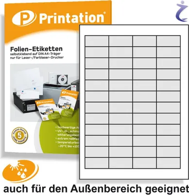 Produktbild von Universal Etiketten 45,7 x 21,2 mm WETTERFEST weiß auf DIN A4 Bogen - 4 x 12 Stück / Seite 480 Folienetiketten 45,7x21,2 selbstklebend bedruckbar mit Laser Drucker