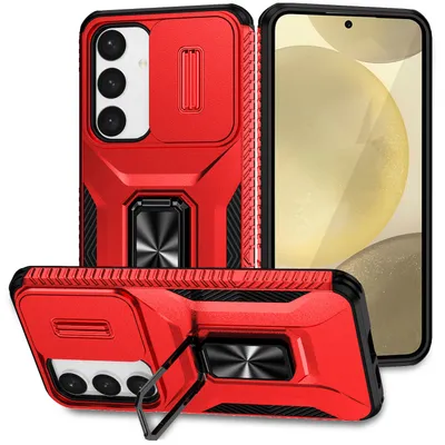 A red phone case with a sliding camera cover and a ring holder is displayed from multiple angles, alongside a smartphone.