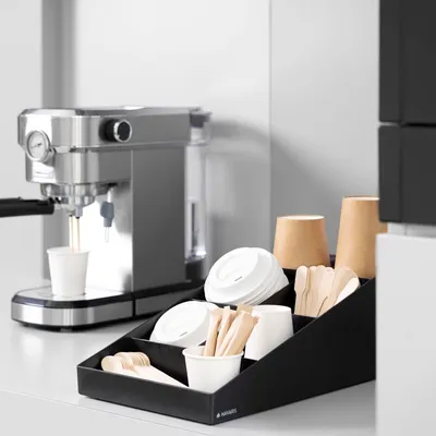 Produktbild von Navaris Kaffee Spender Organizer - Aufbewahrung von Zubehör - Kaffeebar für u. a. Zucker Milch Servietten Kapseln - Kaffeestation 7 Fächer schwarz