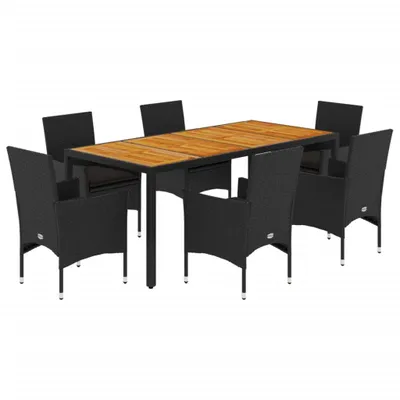 Produktbild von vidaXL 7-tlg. Garten-Essgruppe mit Kissen Schwarz Poly Rattan Akazie