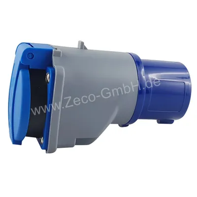 An industrial plug socket with a blue cover and gray body.