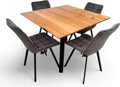 Produktbild von Set aus Tisch und 4 Stühlen Grauer Samt + Tischplatte Eiche quadratisch 110x110
